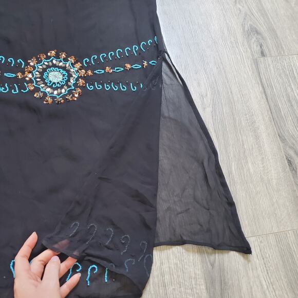 WHBM Silk Cover Up Dress Sheer Beaded Black Navajo Whimsigoth Resort Swim Boho - Picture 5 of 9